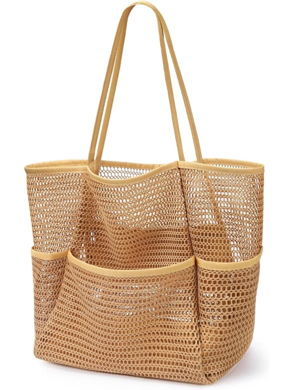 Women's Khaki Mesh Beach Tote Bag Large Foldable Swimming Bag with Pockets